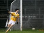 Tomas mcCann celebrates aftter scoring his team's second goal in Saturday night's 2-14 to 1-8 win over Offaly at Casement Park. 