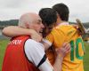 Team manager Dinny Cahill hugs Shane McNaughton and Colm McFall at the final whistle as the Saffrons fought back to edge out Carlow in the All Ireland qualifiers. Pics by John McIlwaine