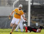 Antrim's Neill McManus celebrates after scoring his second goal in as many minutes in Sunday's National Hurling League Division 2 game with Down at Casement Park. However Down bounced back to win the game and record their first win over the Saffrons in four years. Pic by John McIlwaine
