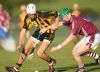Ballycastle's Eoin McAlonan tussles with Cushendall's Ronan McGrady during the Minor semi-final. Eoin had the honour of hitting the first score on the magnificent new Armoy pitch. 