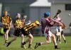 Cushenall's Christy McNaughont send the ball towards the Ballycastle goal during the North Antirm Feile A final in Cushendall
