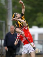 Ballycaslte's Saul McCaughan makes a great catch on the edge of the Loughgiel square in the move which led to his team's goal in the U21 semi-final win over Loughgiel