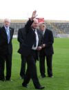 Arthur Forsythe acknowledges the applause of the crowd during a presentation to Antrims 1959 All Ireland Junior Hurling Championship winning team at this seasons Ulster Hurling Final in Casement Park. 