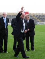 Arthur Forsythe acknowledges the applause of the crowd during a presentation to Antrim’s 1959 All Ireland Junior Hurling Championship winning team at this season’s Ulster Hurling Final in Casement Park. 