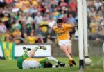 Antrim's Tomas McCann fires the ball over the Donegal goal line with goalkeeper Paul Durcan stranded for the only goal of the game as Antrim recorded their first championship win over the Tir Connell men in thirty-nine-years at Ballybofey.
