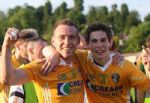 Antrim's Ciaran Close and Kevin Boyle celebrate after their team's win over Cavan. Pic by Paddy McIlwaine
