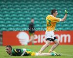Antrim's Kevin Quinn punches the air with delight after scoring the first of his excellent goals in Sunday's win over Donegal in Sunday's Ulster Minor Football Championship opener in Ballybofey. Pic by John McIlwaine