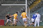 Laois corner-forward Neil Foyle fires in the first of his two goals in his side's win over Antrim in Division 2 of the NHL at Casement Park - Pic by John McIlwaine