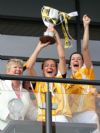 Antrim captain Jane Adams lifts the Kathleen Mills Cup after her team's win over Waterford in the Gala Junior All Ireland Camogie final replay at Ashbourne, Co. Meath Pic by John McIlwaine