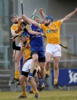 Antrim and Clare players battle for possession under the dropping ball during Sunday's NHL Div 2 clash at Casement Park. 