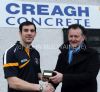 Gerard McFerran of county sponsors Creagh Concrete presents the Man of the Match award to Brendan Herron after Antrim's win over Sligo in the opening game of the National Football League Div 3 at Casement Park. 