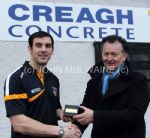 Gerard McFerran of county sponsors Creagh Concrete presents the Man of the Match award to Brendan Herron after Antrim's win over Sligo in the opening game of the National Football League Div 3 at Casement Park. 