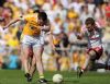 Antrim's Kevin Niblock gets his foot around the ball to score his team's goal in the second-half of Sunday's Ulster Championship quater-final at Casement Park