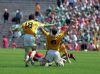 Antrim celebrate a famous win at the final whistle
