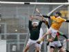 Substitute Barry McFall rises high to flick the ball to the Carlow net but unfortunately for Antrim it was ruled out for a 'square' ball. Pic by John McIlwaine