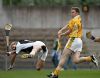 Antrim full-forward Paddy Richmond fires in his teams opening goal in the Ring Cup semi-final win over Kildare despite the best efforts of Kildare goalkeeper Conor Cunningham