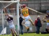 Antrim corner-forward PJ OConnell rises high to bat the ball past Wexford goalkeeper Damian Fitzhenry for his teams opening goal in Sundays National Hurling League Div 2 win at Casement Park. 