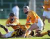 Antrims Sean Delagry and Michael Herron get in a tangle with Wexfords Eoin Quigley.