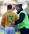 Well done! Antrim manager Terence McNaughton congratulates two goal hero PJ OConnell after he was substituted late in the game. 