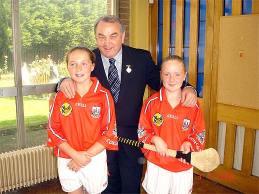 Kathryn Donnelly and Orlaith McAlinden meet Nickey Brennan before playing in Croke Park.