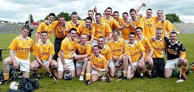 Antrim Minor Hurlers celebrate after winning the Ulster Championship.